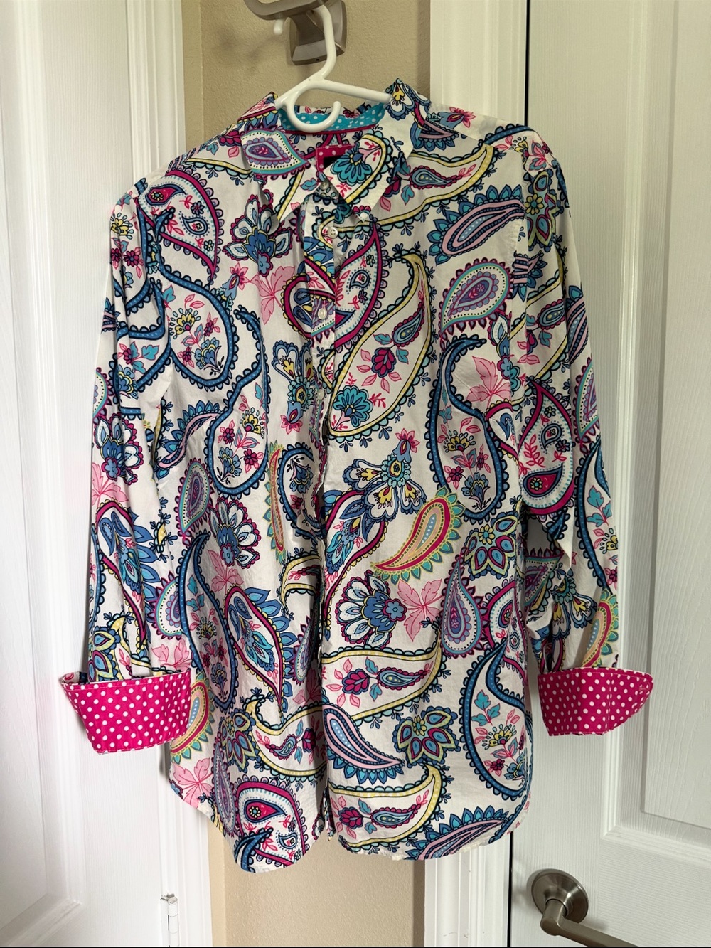 Talbots White Paisley Button-Up Top with Pink and Blue Accents